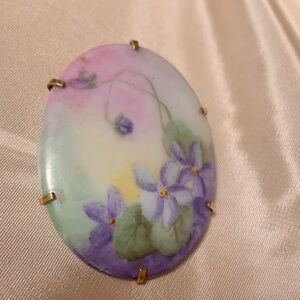 Hand-Painted Floral Brooch with Purple and Green Hues